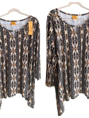 NWT Ruby Rd Womens 4X Abstract Scoop Neck Keyhole Top Black 3/4 Sleeve 25.5x28